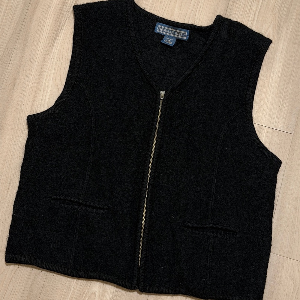 Herman Geist 100% Wool Zip Vest Black Minimalist Layering Size M